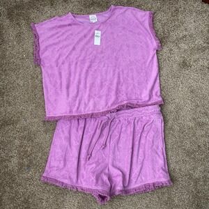 Loft L/XL Pajama Set 2 Piece French Terry Purple Coastal Beachy Short Sleeve